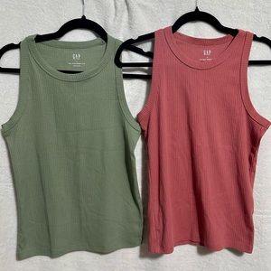 2 Gap High Neck Ribbed Tank Top Women Size Small.  Green and Rose